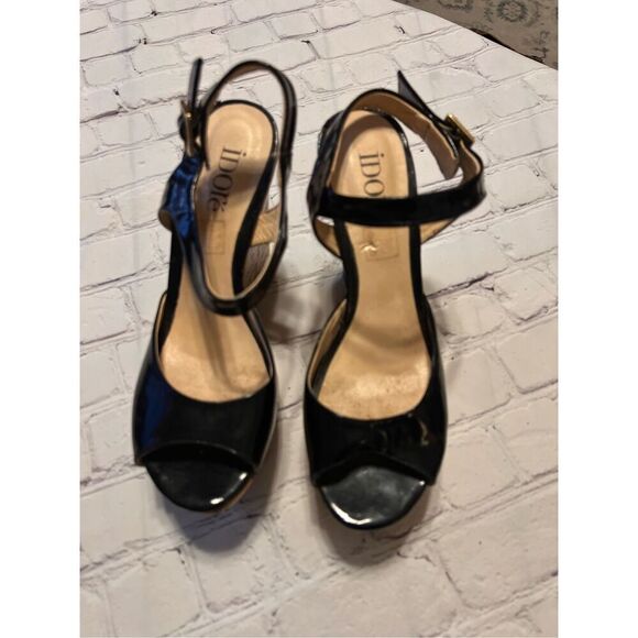Idore Womens Size 7 Cork Wedge Platform Sandal Black Glossy Leather Summer Night - Picture 2 of 12